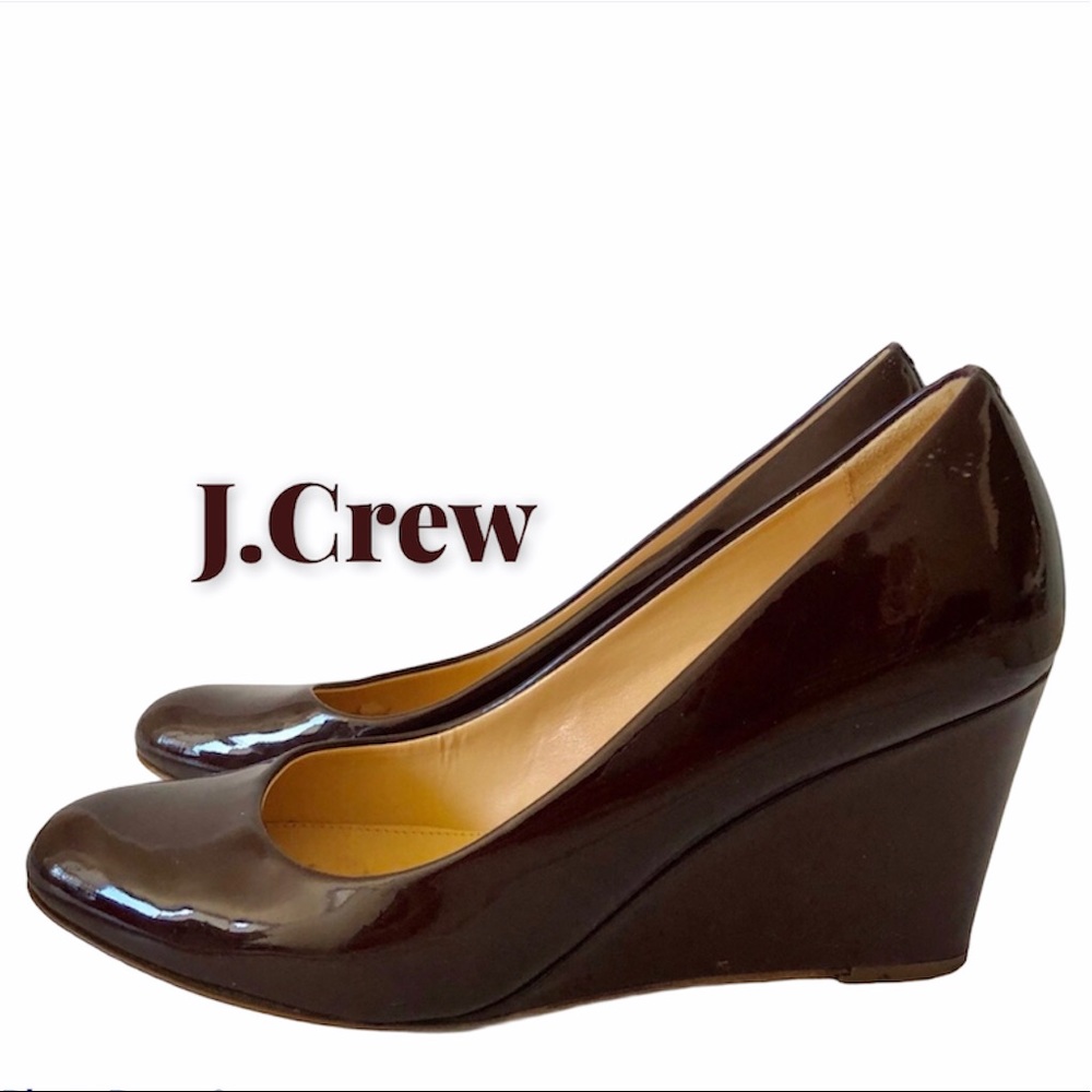 JCrew Martina patent wedges in burgundy